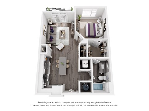 The Nexus | Glenn Perimeter A 3D floor plan of a small apartment with a kitchen, living room, and bathroom.